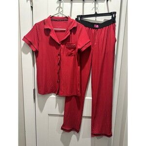 Women’s Betsey Johnson Red Pajama Set Size Small Black Trim LS Top Pants Box A
